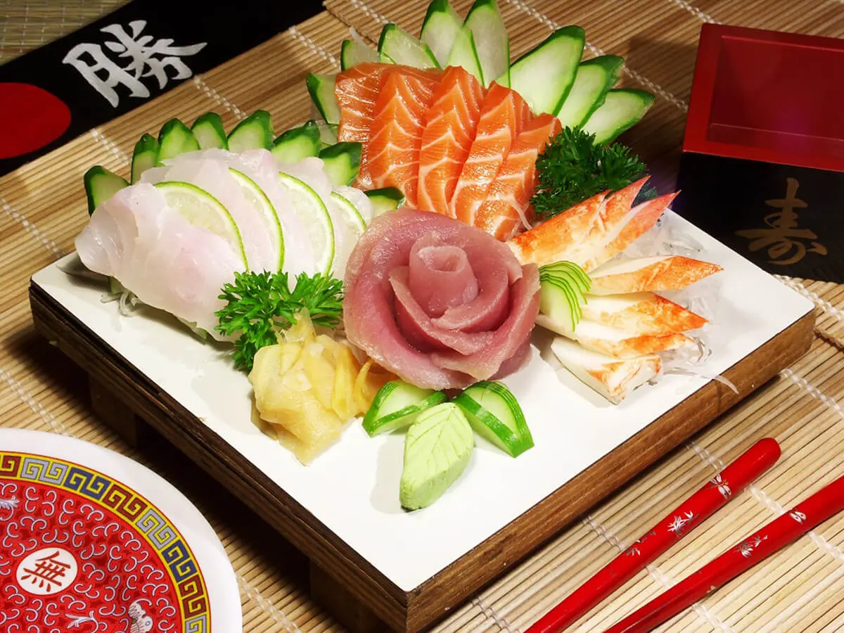 Assorted sashimi platter with fresh fish slices and garnishes at Sushi Kingdom, a Japanese Restaurant in Savannah